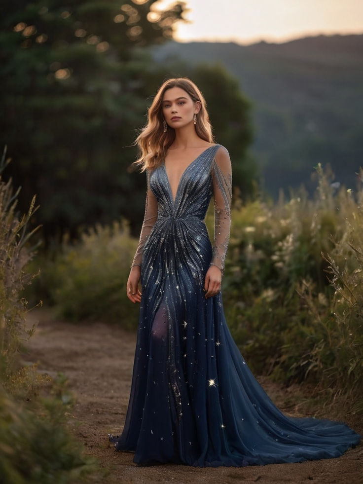 a woman in a blue dress standing on a dirt road