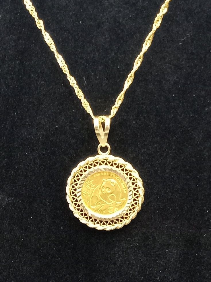 This is a 5 Yuan Panda coin set into a 14k decorative pendant. It comes with a 18in, 14k chain. All items are stamped with 14k. Coin Set, Coin Necklace, Pendant Necklaces, Necklace Etsy, Jewelry Necklace Pendant, Coin, Jewelry Necklaces, Stamp, Necklaces