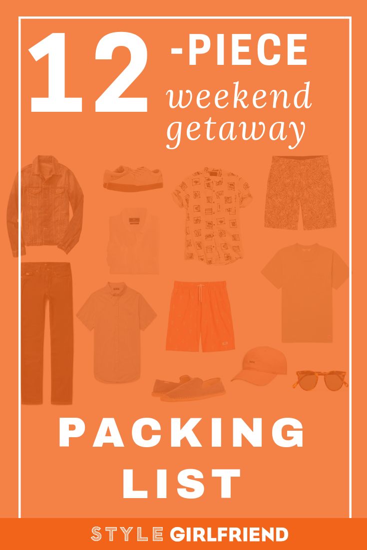 the 12 piece weekend getaway packing list for girls and boys is featured in an orange background