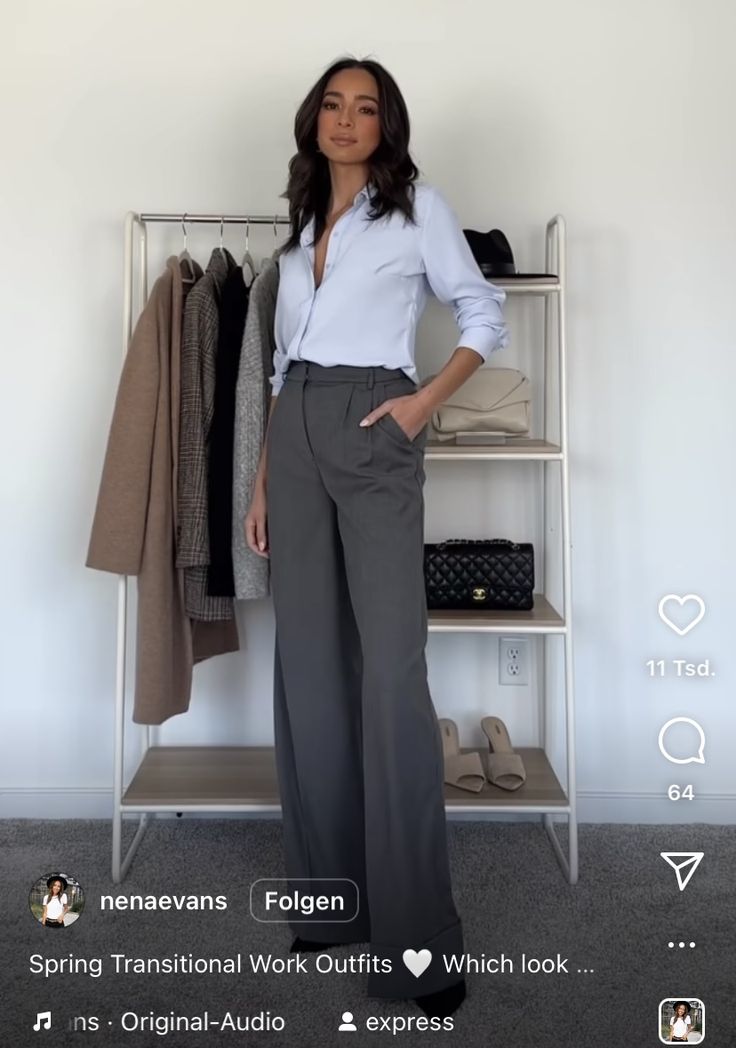 Gray Wide Leg Pants Outfit, Grey Pants Formal, Check Pants Outfit, Grey Trousers Outfit, Pleated Pants Outfit, Grey Wide Leg Trousers, Corporate Outfit, Gray Outfits, Black And White Office