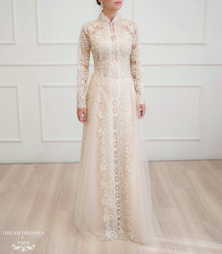 Beige Bridal Ao Dai | Vietnamese Lace Bridal Dress (#NIAH) | Dream Dresses by P.M.N. Bridal Ao Dai, Vietnamese Wedding Dress, Ao Dai Vietnamese, Lace Bridal Dress, Qipao Wedding, Chiffon Pants, Wedding Dress Guide, Bridal Dresses Lace, Dream Dresses