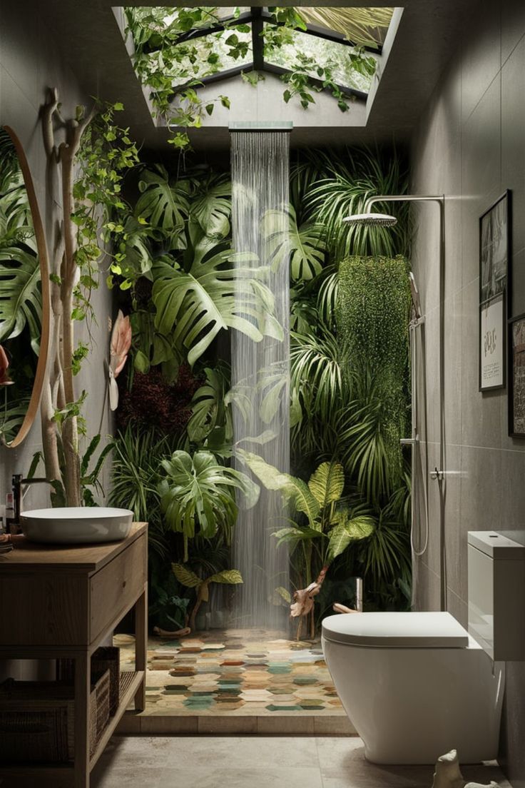 a bathroom with plants on the wall and a shower in the middle, along with a toilet