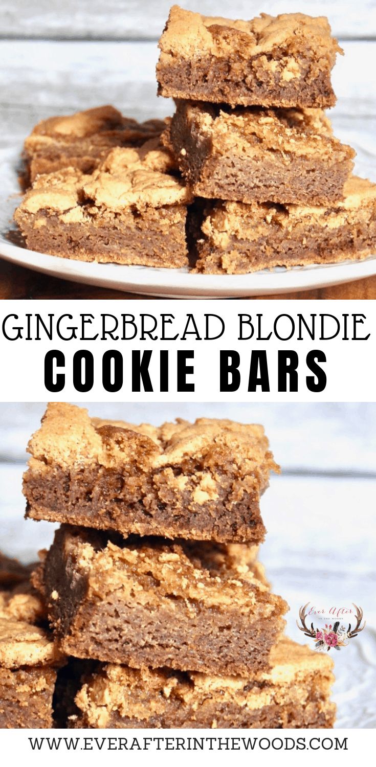 gingerbread blondie cookie bars stacked on top of each other with text overlay