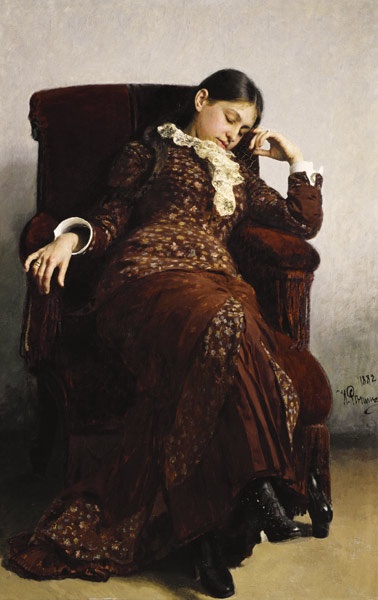 a painting of a woman sitting in a chair with her hand on her face and looking down