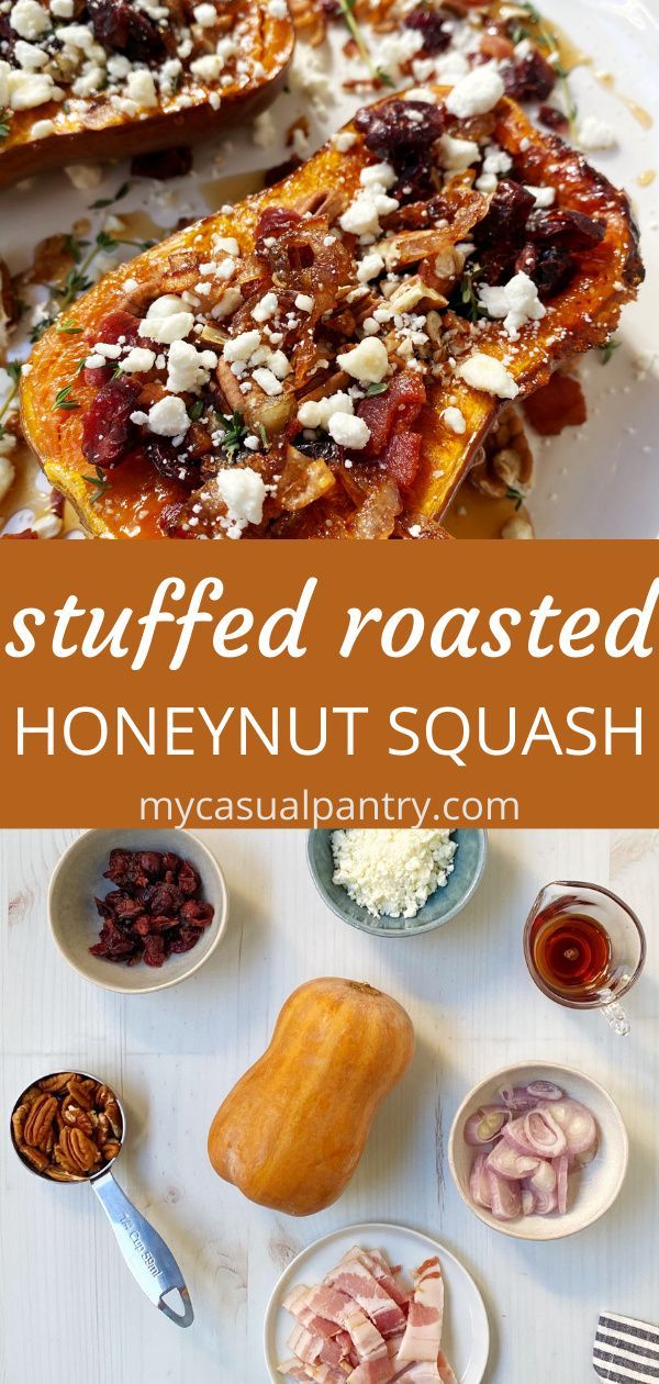 an easy roasted honeynut squash recipe is shown with other ingredients on the plate and in bowls