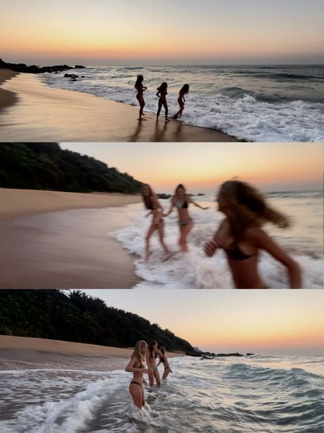 three girls running into the ocean at sunset