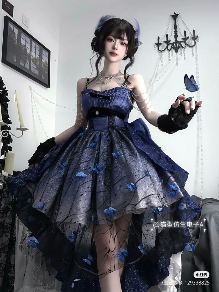 Blue Witch Dress, Moon Dresses, Dark Blue Dress Aesthetic, Cute Korean Dresses, Prom Dress Inspo, Punk Style Outfits, Moon Dress, Pink Ball Gown, Dreamy Gowns