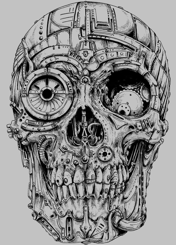 a black and white drawing of a skull with gears on it's face, in front of a gray background