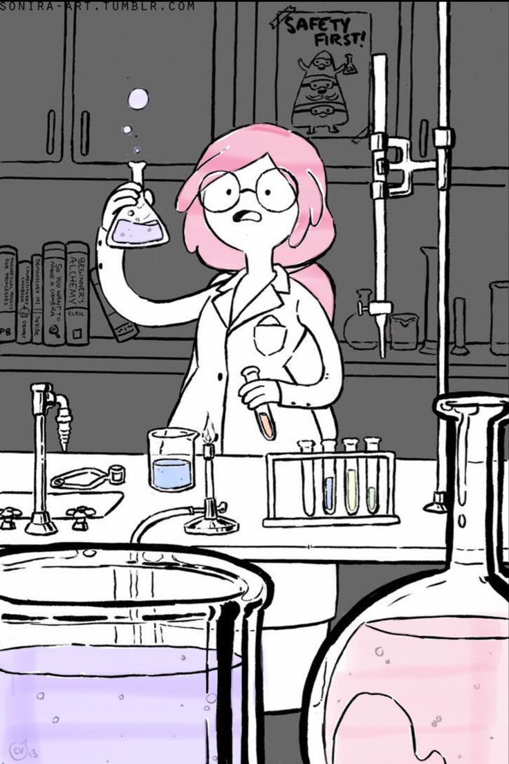 a woman in a lab coat holding a beakle and flasks filled with liquid