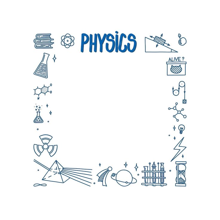 the word physics surrounded by icons and symbols in blue on a white background with black lines