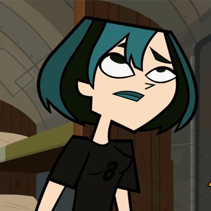 an animated girl with blue hair and black shirt standing in front of a bed room