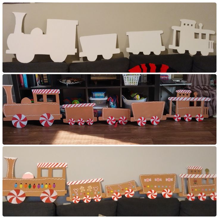 there are several different pictures of the same toy train set up on the table and in front of it