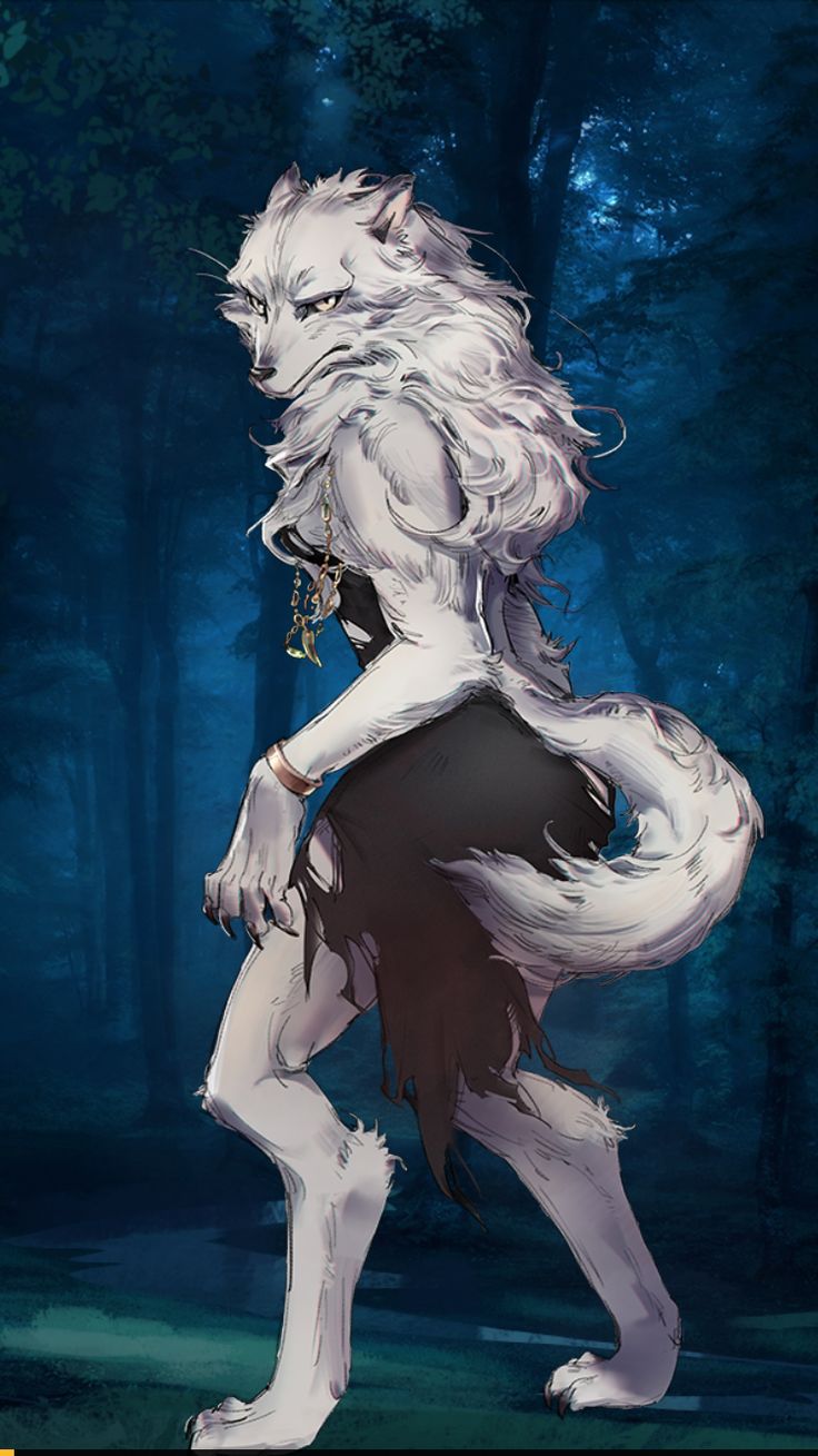 a white wolf standing in the middle of a forest with its tail curled up and eyes closed