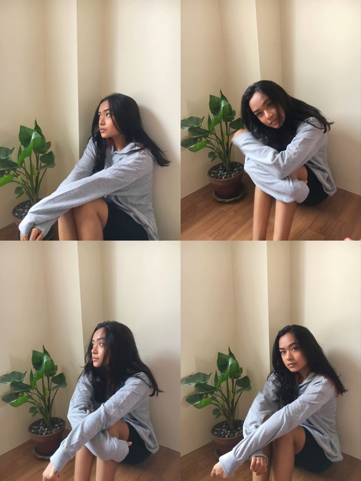 four pictures of a woman sitting on the floor with her arms crossed and legs crossed