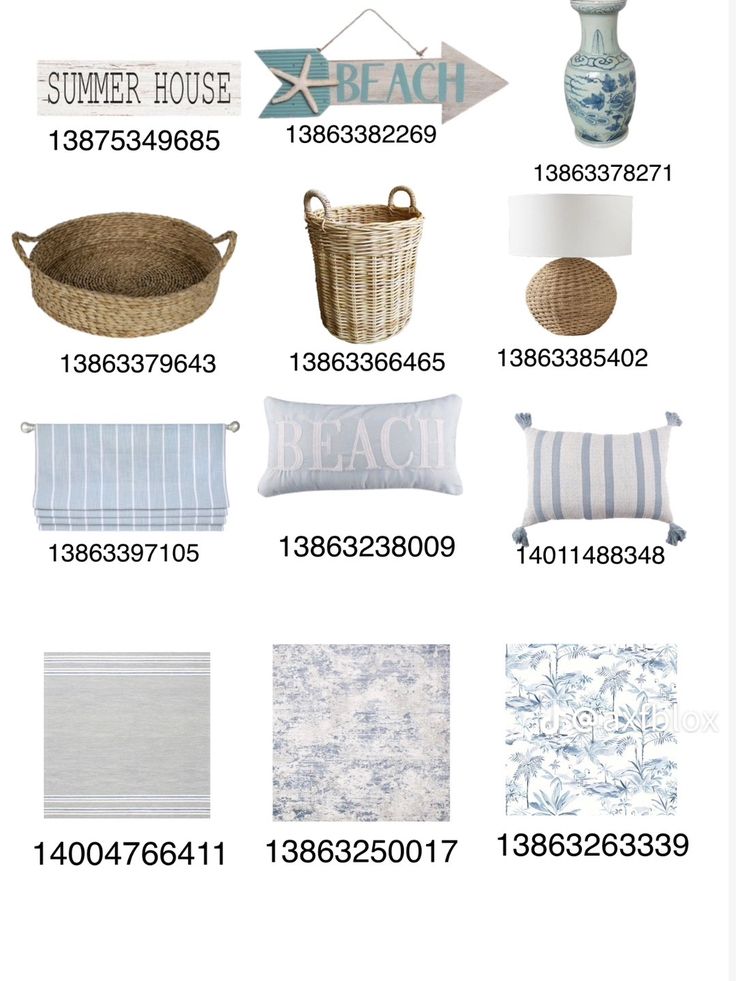 an advertisement for the beach house with pictures and numbers on it, including pillows, baskets,