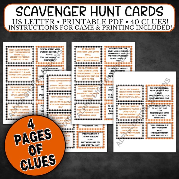 four pages of scavenger hunt cards with the text, 4 pages of clues