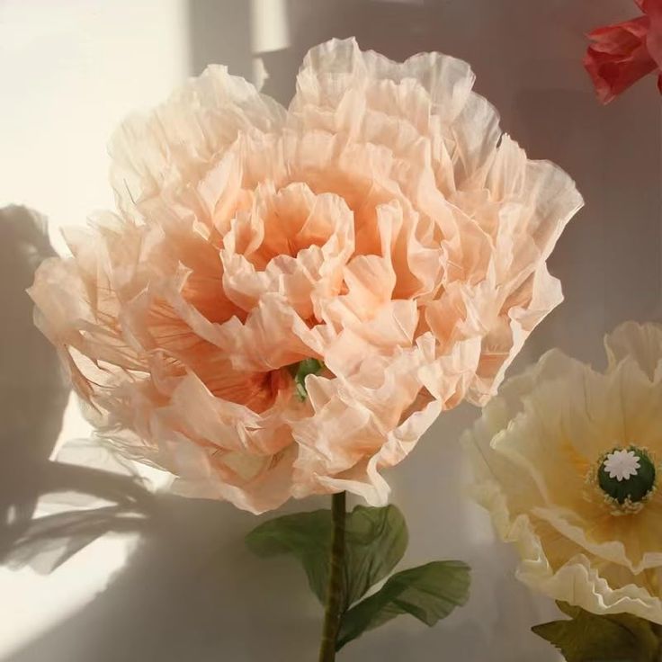 three different colored flowers are in a vase