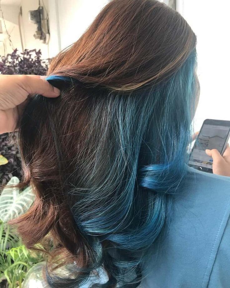 Peekaboo Hair With Brown Hair, Pee A Boo Hair Color, How To Do A Peekaboo Hair Color, Blue Hair Highlights For Brown Hair, Colourful Ombre Hair, Blue Ombre Hair Color For Brunettes, Colour Underneath Hair, Blue Peekaboo Hair Brown, Under Hair Color Blue