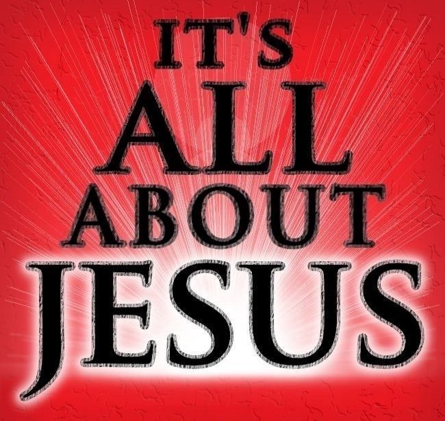 the words it's all about jesus on a red background with sunbursts