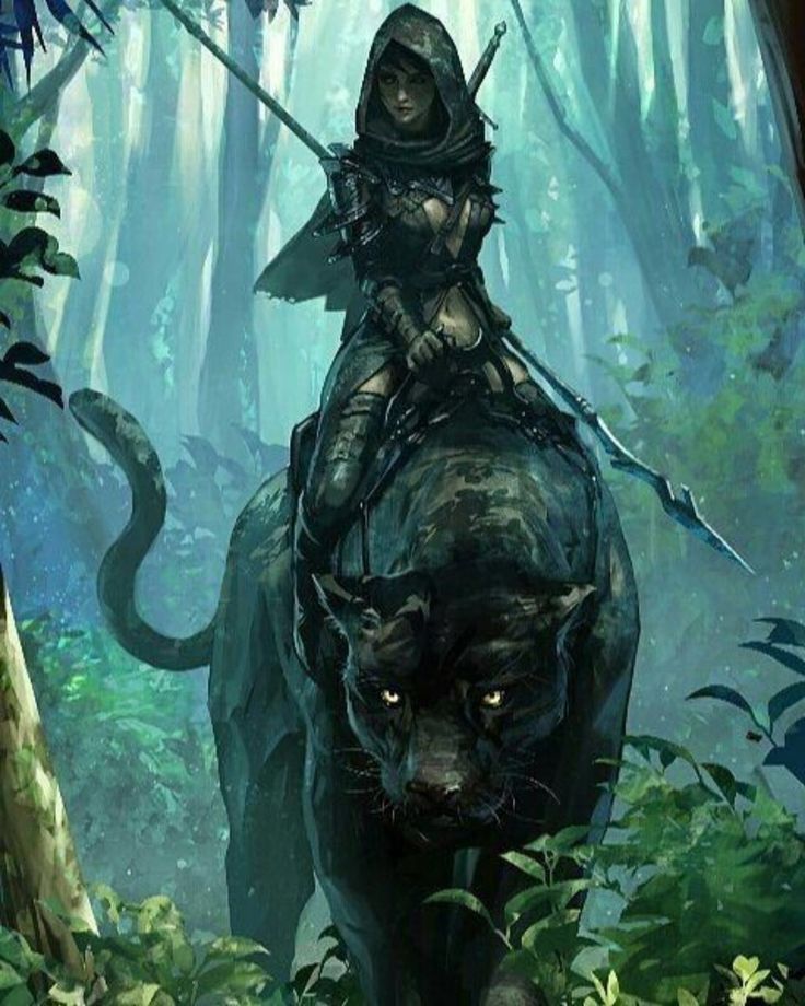 a woman riding on the back of a black animal in a forest with an arrow