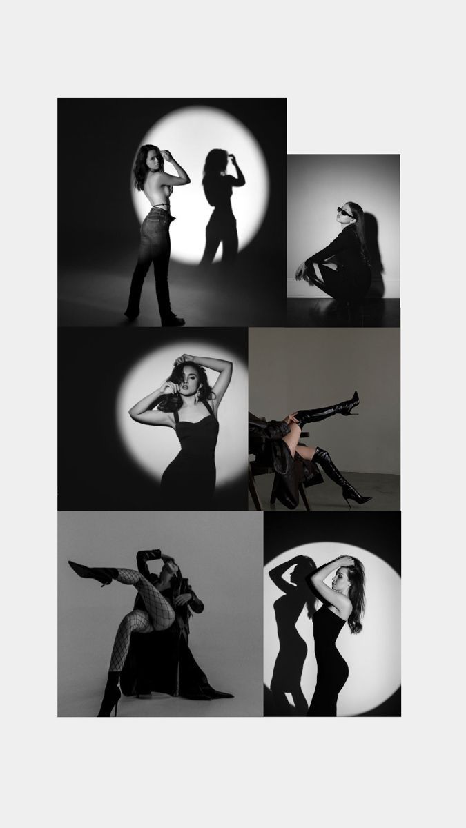 black and white photo collage of woman in various poses