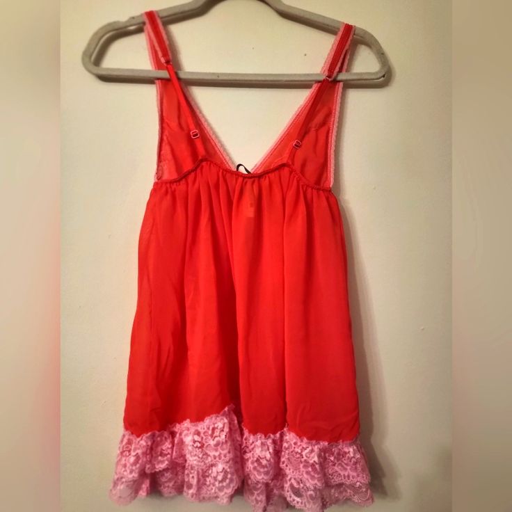 Lace Trim Lingerie Top With The Panty Size Small, Nwt, Adjustable Straps, Sheer. Red Camisole Sleepwear For Loungewear, Red Sleeveless Sleepwear For Pajama Party, Red Lace Trim Sleepwear For Summer, Red Lace Trim Camisole, Red Lace Trim Sleepwear, Red Summer Camisole Sleepwear, Flirty Red Sleeveless Sleepwear, Flirty Victoria's Secret Sleepwear, Red Spaghetti Strap Sleepwear For Summer