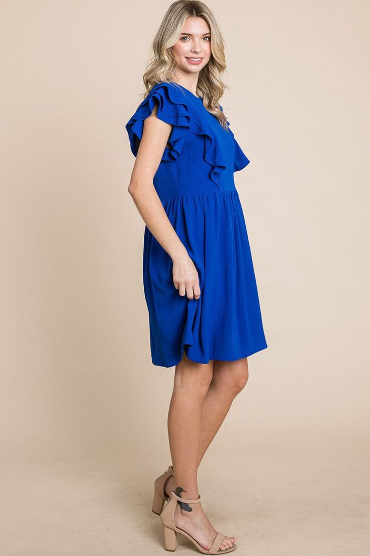 Features: Butterfly Ruffled Sleeve, Ruched, Stretchy Air Flow Fabric, Back Keyhole, Mini LengthModel is 5.7"(34C 24 34) wearing small Small -Front Length 35 Bust 37 1/21X- Front Length 37 Bust 46 1/2 Casual Knee-length Ruffle Dress For Daywear, Solid Color Casual Fitted Ruffle Dress, Casual Solid Color Fitted Ruffle Dress, Casual Ruched Dress With Flutter Sleeves, Casual Dress With Ruched Detail And Flutter Sleeve, Blue Casual Ruffle Dress For Spring, Casual Blue Mini Dress With Flutter Sleeves, Casual Blue Ruffle Dress For Spring, Casual Ruched Mini Dress With Ruffle Sleeves