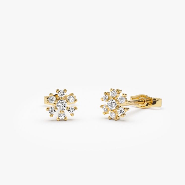 Diamond Earrings / 14K Gold Flower Design Diamond Earrings / Floral Design Earrings By Ferkos Fine Jewelry / Gift For Women ▶ Details   * Made to Order * Gold Kt: 14K (also available in 18K) * Available Gold Colors: Rose Gold, Yellow Gold, White Gold * Diameter: 5 MM * Round Diamond: 12 Pcs 1.2 MM * Round Diamond: 2 Pcs 1.90 MM * Diamond Color & Clarity: G Color SI Clarity * Diamond Ctw: 0.18 ctw * Ready to Ship in 1-2 Business Days ▶ See more of our Diamond Earrings here - https://etsy.me/3YbpVq2  ▶ See our storefront here - http://etsy.me/2lUcVnH  ▶ All store sections here  Diamond Rings - http://etsy.me/2lwKUl8  * Diamond Earrings - http://etsy.me/2lyqVBP  * Diamond Necklace - http://etsy.me/2mqa6O1  * Diamond Bracelets - http://etsy.me/2mVrAB5  * Diamond Wedding Rings - https://etsy.me Classic Yellow Gold Flower-shaped Cluster Earrings, Yellow Gold Flower Earrings With Prong Setting, Flower Shaped Yellow Gold Diamond Earrings Gift, Yellow Gold Flower Diamond Earrings Gift, Gold Cluster Earrings With Flower Shape, Gold Flower-shaped Cluster Earrings With Prong Setting, Gift Earrings With Flower Shape And Prong Setting, Gold Flower Cluster Earrings With Prong Setting, Flower-shaped Earrings With Prong Setting For Gift