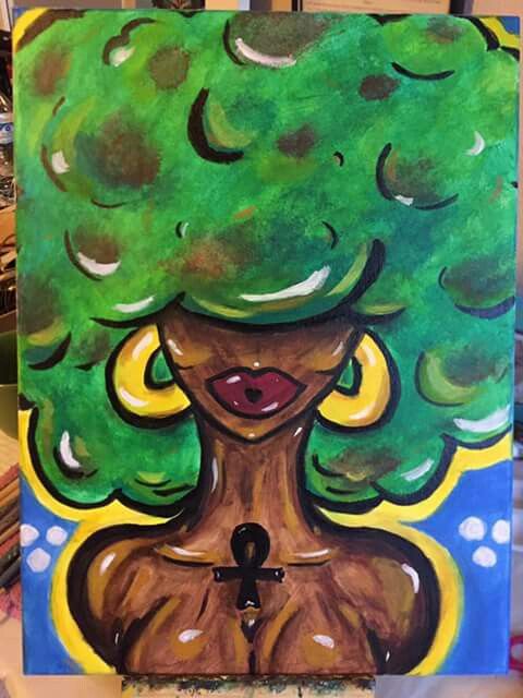 a painting of a woman with a tree on her head in the middle of it