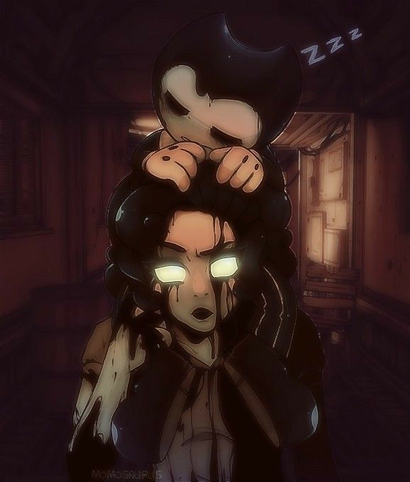 an animated image of a person with glowing eyes in a dimly lit room, holding onto another character's head