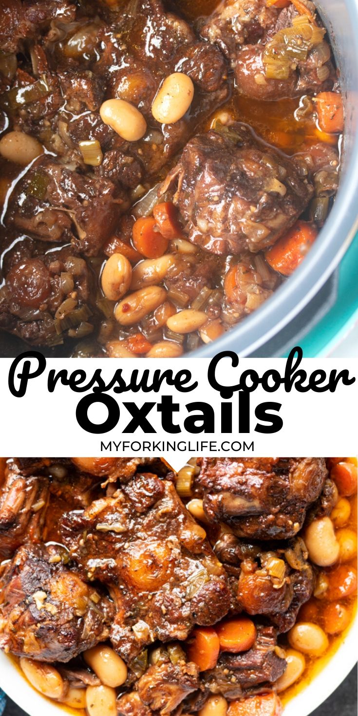 pressure cooker oxtails with meat and beans in a white bowl on a blue plate