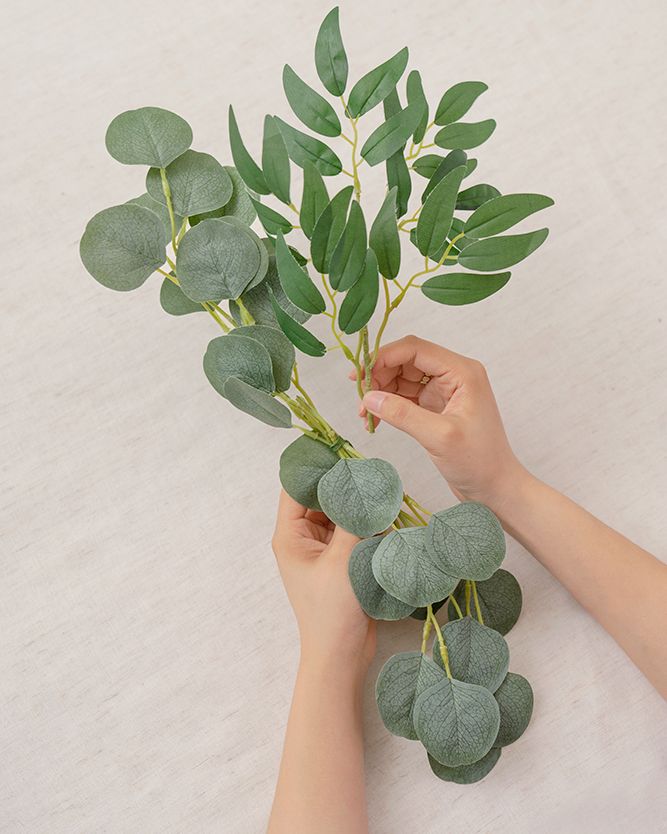 a person holding some green leaves on top of a white surface