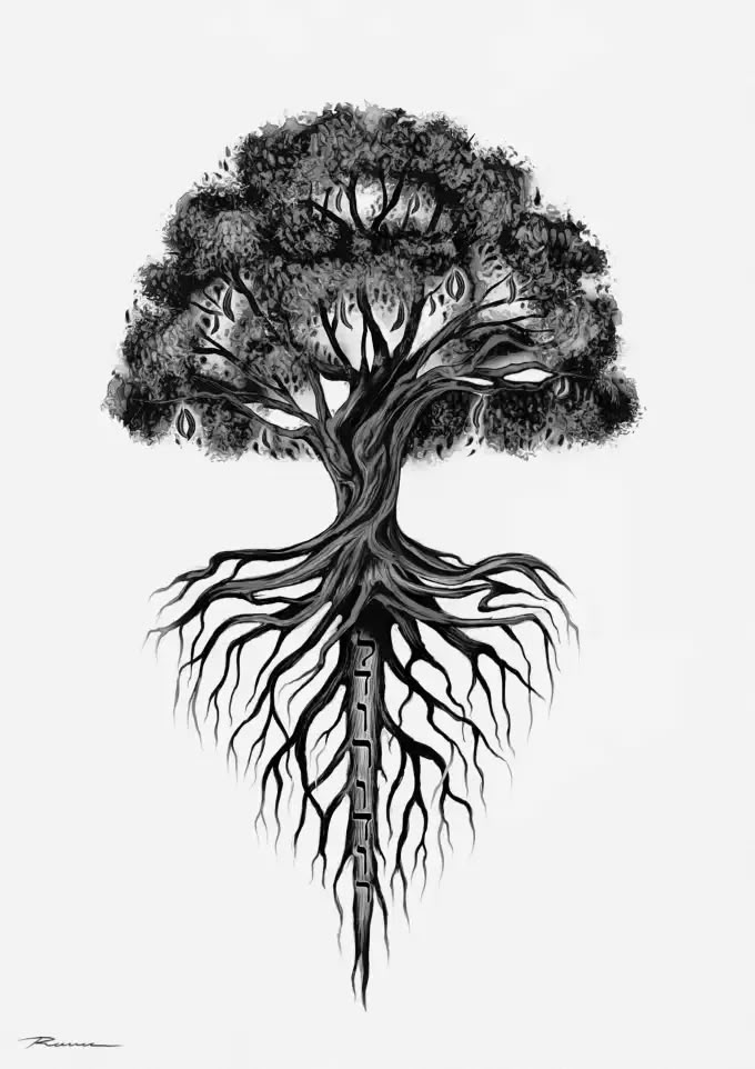 a drawing of a tree with its roots exposed