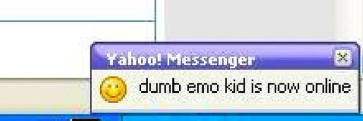 a computer screen with the message yahoo messenger on it and an emo emo is now online