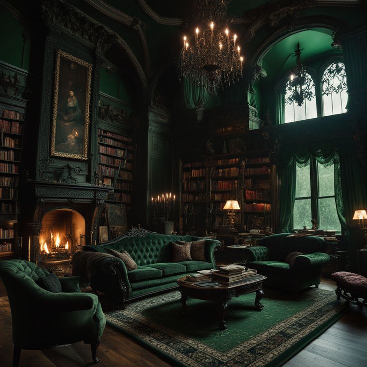 a living room filled with lots of green furniture and a fire place in the corner