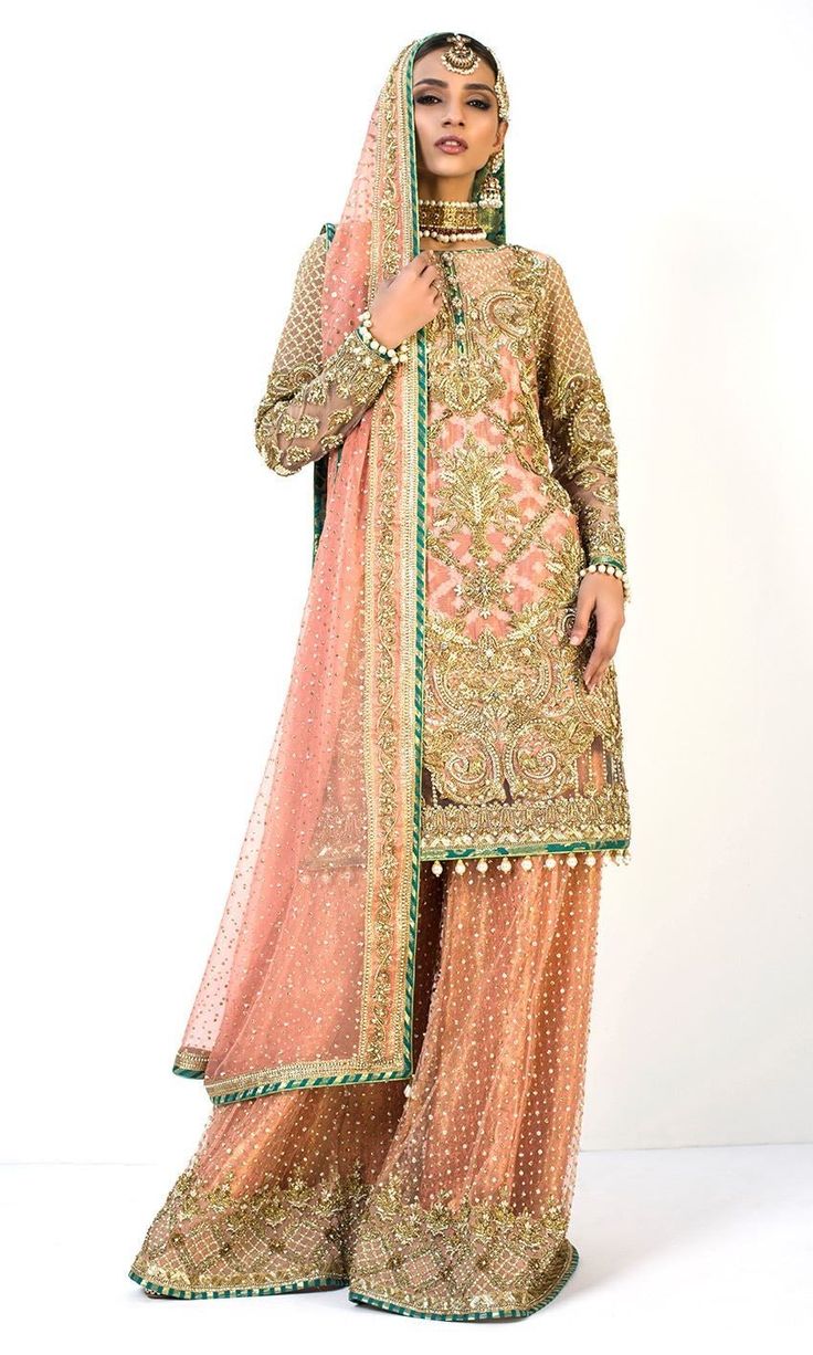 Peach Color Wedding Sharara Wedding Sharara, Pakistani Bridal Couture, Fashion Designers Famous, Latest Bridal Dresses, Indian Bridal Lehenga, Lehenga Choli Online, Red Lehenga, Lehenga Collection, Indian Lehenga