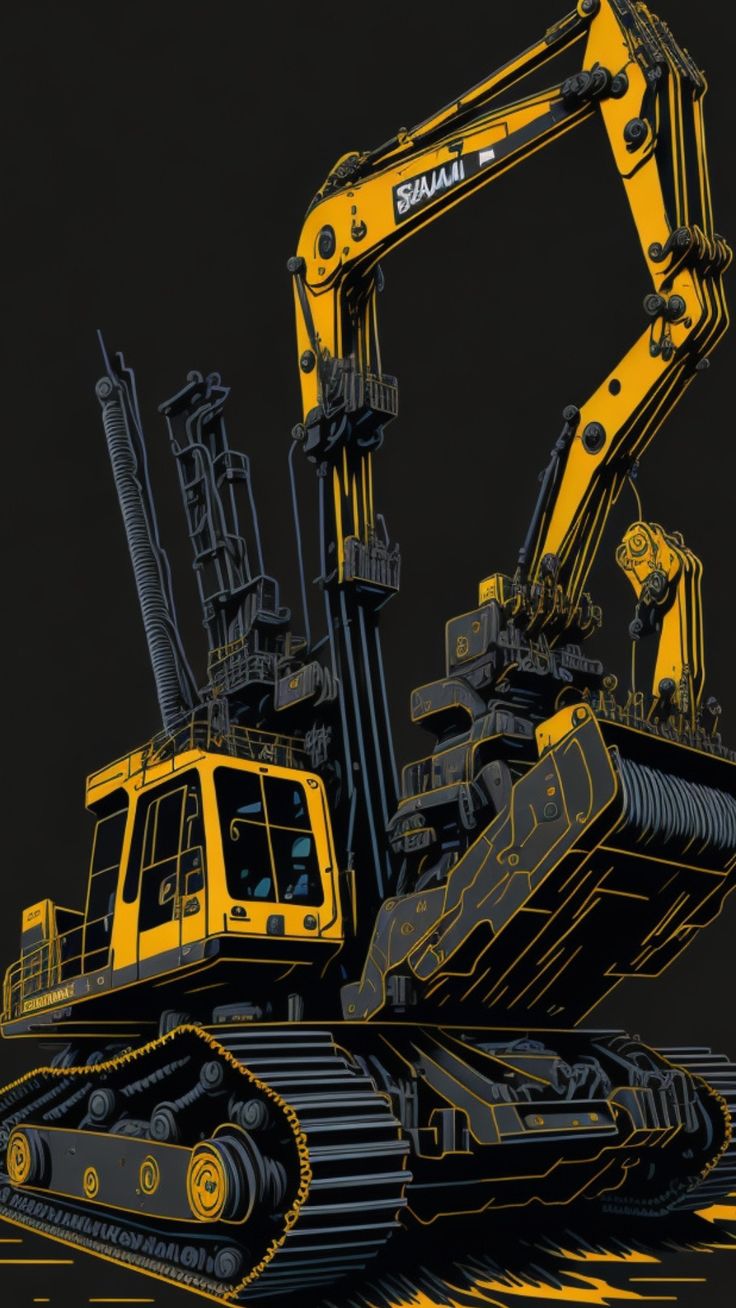 a yellow and black drawing of a bulldozer on the ground with other equipment in the background