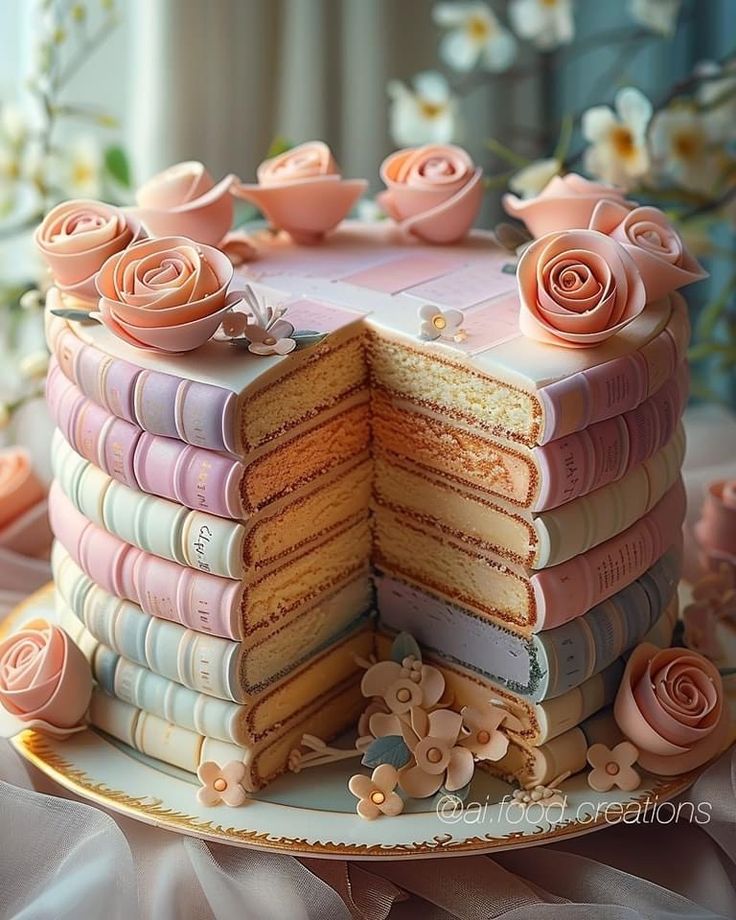 there is a cake that has been stacked on top of each other with pink roses