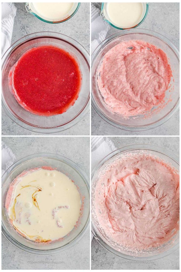 four images showing how to make strawberry cheesecake batter