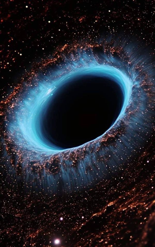 a black hole in the sky with stars around it and blue light coming from its center