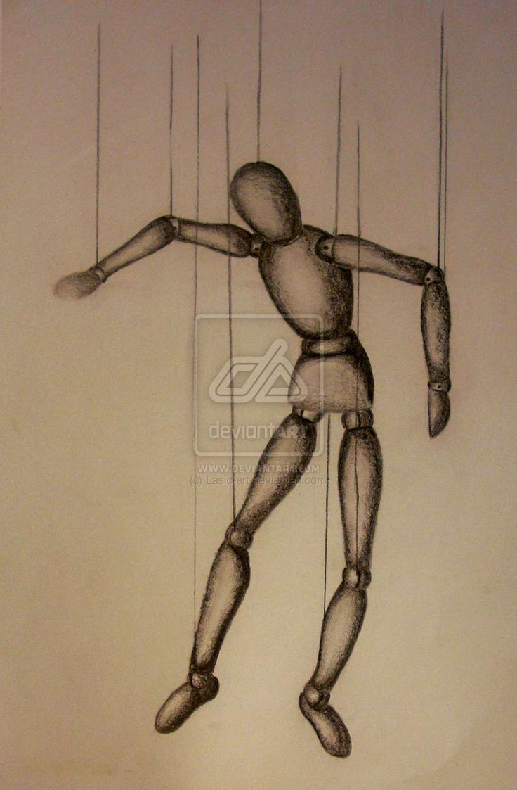 a drawing of a human being suspended by strings in the air with one arm outstretched