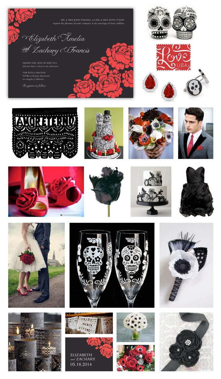 a collage of photos with red flowers and black accents on them, including roses