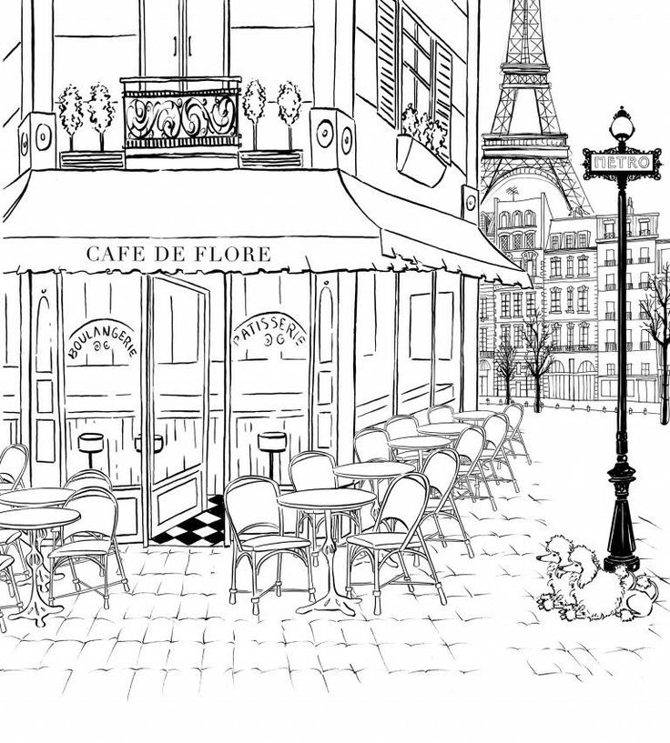 a black and white drawing of an outdoor cafe with tables and chairs in front of the eiffel tower