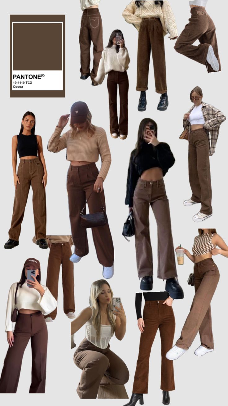 Outfit Inspo With Brown Pants, Brown Jeans Style, Outfit With Brown Pants Womens, Styling Brown Flare Pants, Outfit With Brown Trousers, Business Casual Outfits Brown Pants, Cute Outfits With Brown Jeans, Brown Cargo Trousers Outfit, Style With Brown Pants