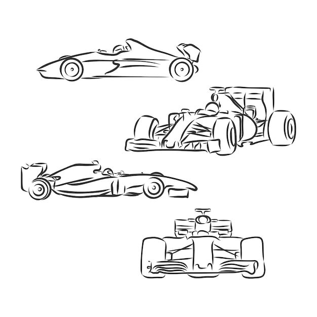 three racing cars on a white background in black and white outline style, each with a driver's side facing the same direction