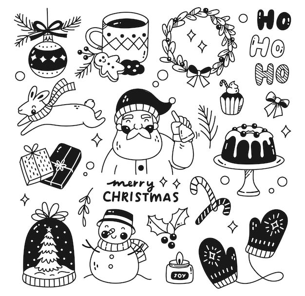 black and white christmas doodles with santa claus, snowman, mittens