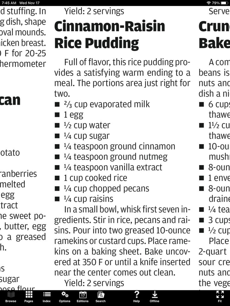 the recipe for cinnamon raisin rice pudding is shown in black and white, as well as