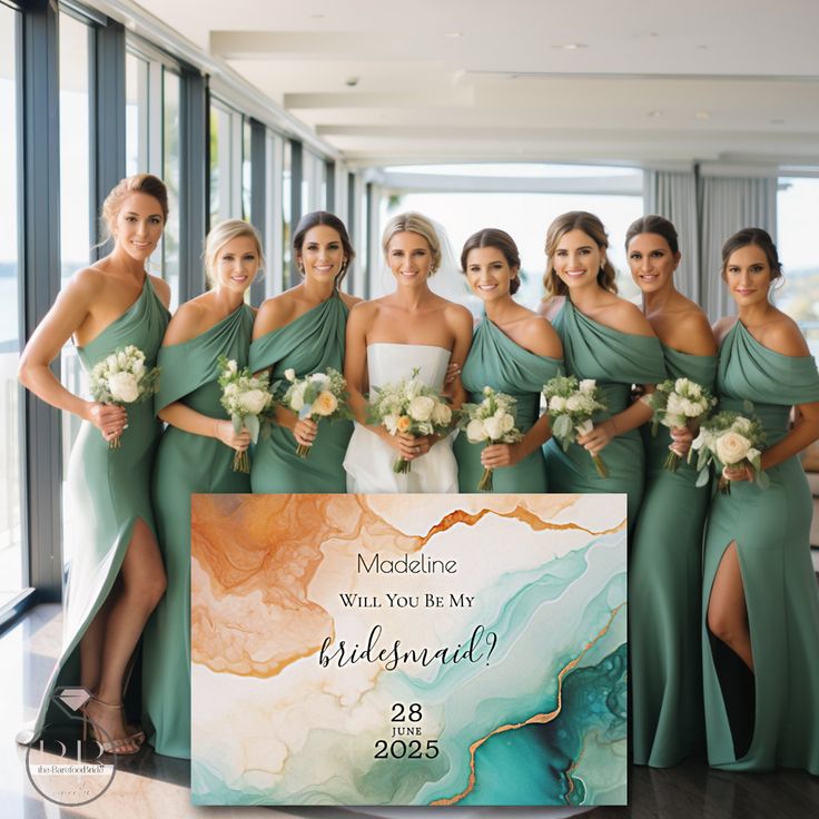 a group of bridesmaids posing in front of a sign