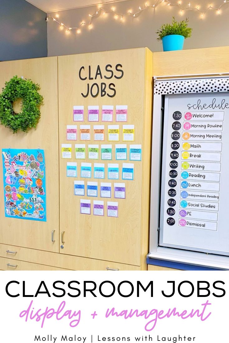 classroom jobs display and management with lights on the wall in front of lockers that are labeled class jobs