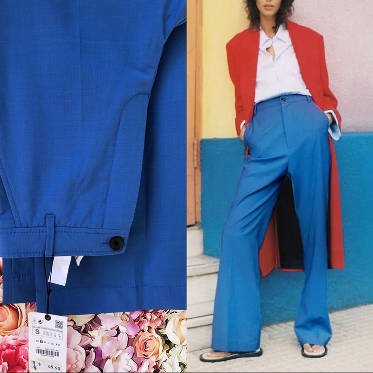 Brand New With Tags. Size Small Chic Tailored Blue Pants, Zara Tailored Bottoms For Summer, Tailored Wide Leg Blue Pants, Blue Tailored Wide Leg Pants, Blue Fitted Pants For Spring, Fitted Blue Pants For Spring, Blue Bottoms With Pockets For Fall, Blue Pants With Pockets For Spring, Blue Workwear Pants With Pockets